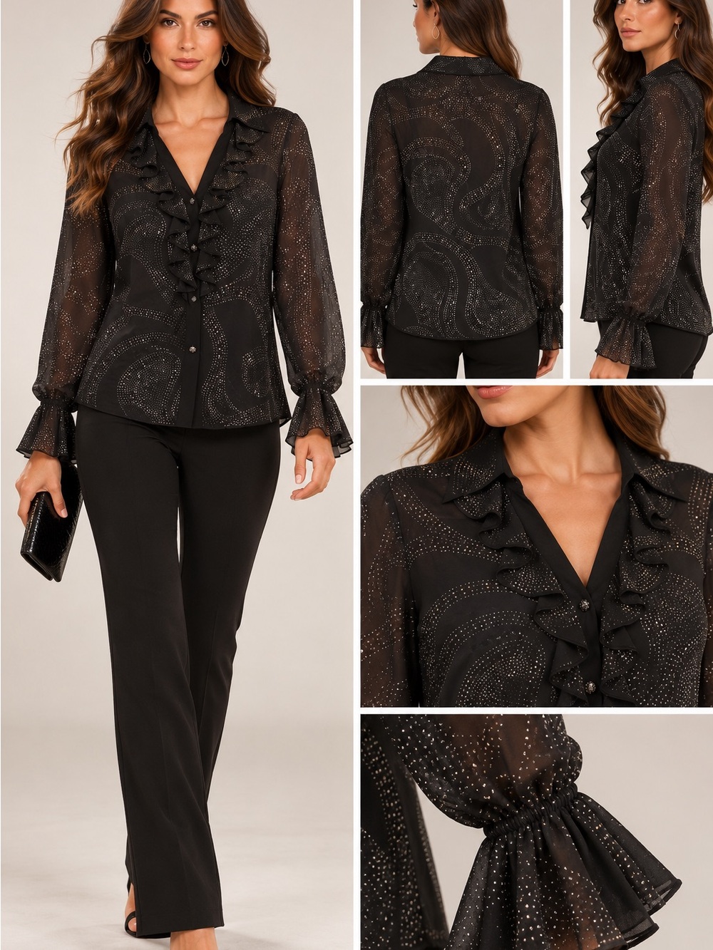 St. John Black Sparkle Ruffle-Front Blouse